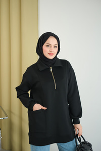 Cep Ve Yaka Detay Yarım Fermuarlı Sweat Siyah