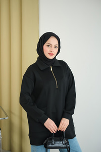 Cep Ve Yaka Detay Yarım Fermuarlı Sweat Siyah