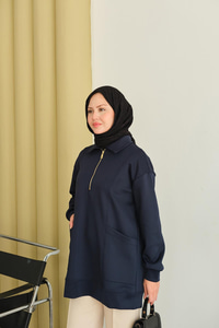 Cep Ve Yaka Detay Yarım Fermuarlı Sweat Lacivert