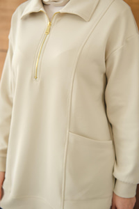 Cep Ve Yaka Detay Yarım Fermuarlı Sweat Krem