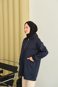 Cep Ve Yaka Detay Yarım Fermuarlı Sweat Lacivert