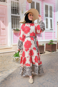 Çiçek Baskılı Elbise Krem