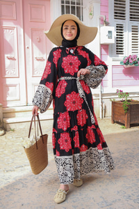 Çiçek Baskılı Elbise Siyah