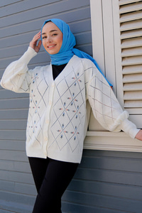 Çiçek Baskılı Triko Hırka Beyaz