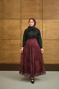 Çiçek Desen Astarlı Şifon Etek Bordo