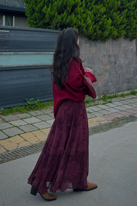 Çiçek Desen Astarlı Şifon Etek Bordo