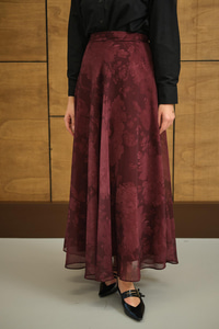 Çiçek Desen Astarlı Şifon Etek Bordo