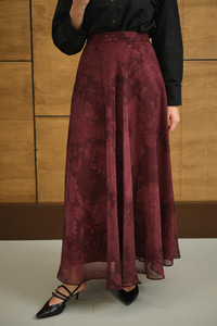 Çiçek Desen Astarlı Şifon Etek Bordo