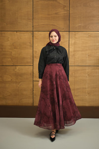 Çiçek Desen Astarlı Şifon Etek Bordo