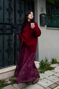 Çiçek Desen Astarlı Şifon Etek Bordo