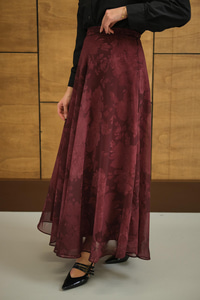 Çiçek Desen Astarlı Şifon Etek Bordo