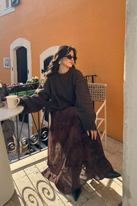 Çiçek Desen Astarlı Şifon Etek Kahverengi