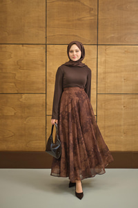 Çiçek Desen Astarlı Şifon Etek Kahverengi