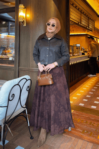 Çiçek Desen Astarlı Şifon Etek Kahverengi