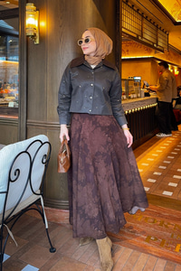 Çiçek Desen Astarlı Şifon Etek Kahverengi