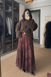 Çiçek Desen Astarlı Şifon Etek Kahverengi