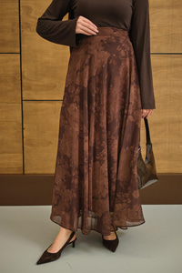 Çiçek Desen Astarlı Şifon Etek Kahverengi