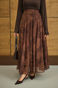 Çiçek Desen Astarlı Şifon Etek Kahverengi