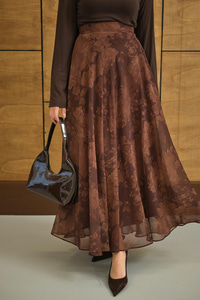 Çiçek Desen Astarlı Şifon Etek Kahverengi