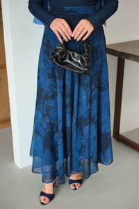 Çiçek Desen Astarlı Şifon Etek Lacivert