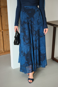 Çiçek Desen Astarlı Şifon Etek Lacivert