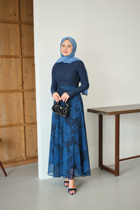 Çiçek Desen Astarlı Şifon Etek Lacivert