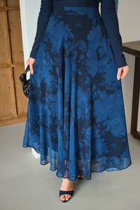 Çiçek Desen Astarlı Şifon Etek Lacivert