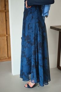 Çiçek Desen Astarlı Şifon Etek Lacivert