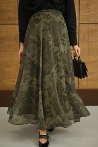 Çiçek Desen Astarlı Şifon Etek Yeşil