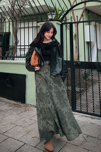 Çiçek Desen Astarlı Şifon Etek Yeşil