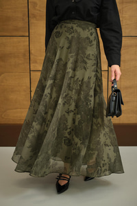 Çiçek Desen Astarlı Şifon Etek Yeşil