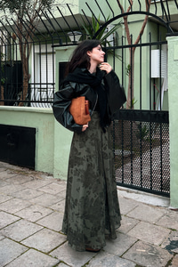 Çiçek Desen Astarlı Şifon Etek Yeşil