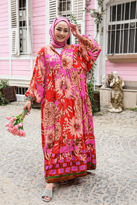 Çiçek Desen Elbise Fuşya