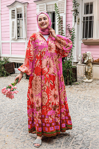 Çiçek Desen Elbise Fuşya