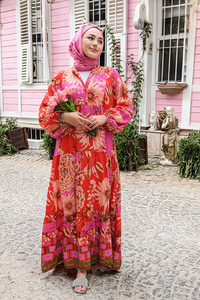 Çiçek Desen Elbise Fuşya