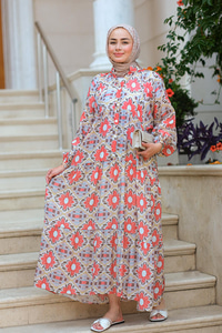 Çiçek Desen Elbise  Kırmızı