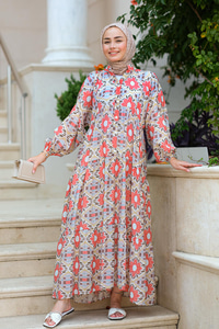 Çiçek Desen Elbise  Kırmızı