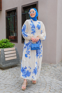 Çiçek Desen Elbise Krem-Mavi