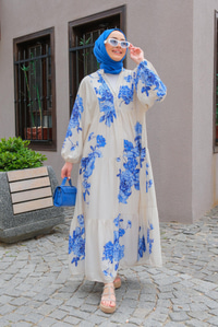 Çiçek Desen Elbise Krem-Mavi