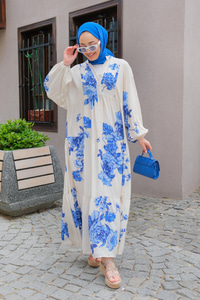 Çiçek Desen Elbise Krem-Mavi