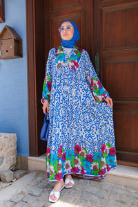 Çiçek Desen Elbise Mavi