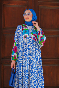 Çiçek Desen Elbise Mavi