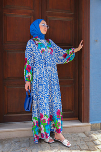 Çiçek Desen Elbise Mavi