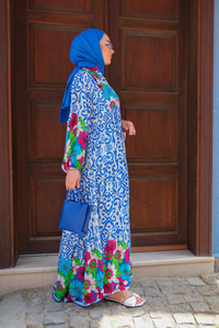 Çiçek Desen Elbise Mavi