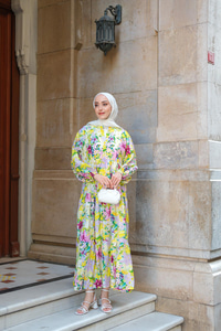 Çicek Desen Elbise Sarı