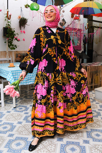 Çiçek Desen Elbise Siyah