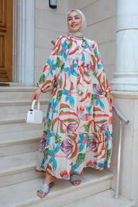 Çiçek Desen Elbise Turuncu