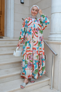 Çiçek Desen Elbise Turuncu