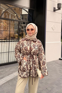 Çiçek Desen Kapitone Ceket Kahverengi