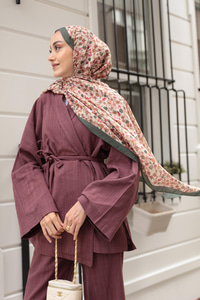 Çicek Desen Soft Şal Haki Yeşil